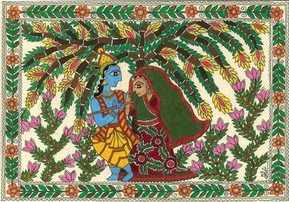 Radha and Krishna in Madhubani - Original painting
